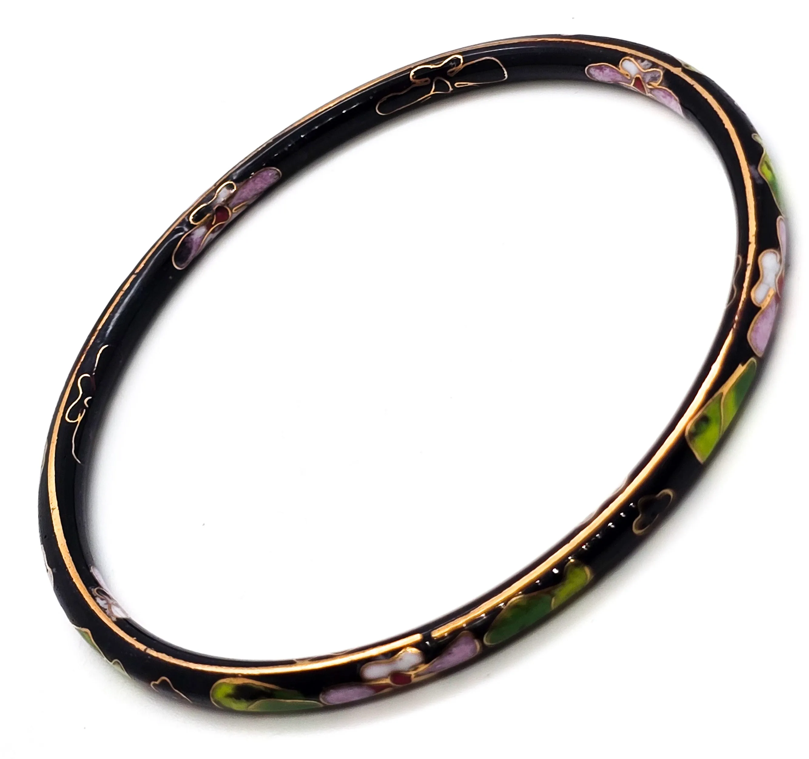 Black Cloisonne enamel pink and green flower vintage thin stacking bangle bracelet
