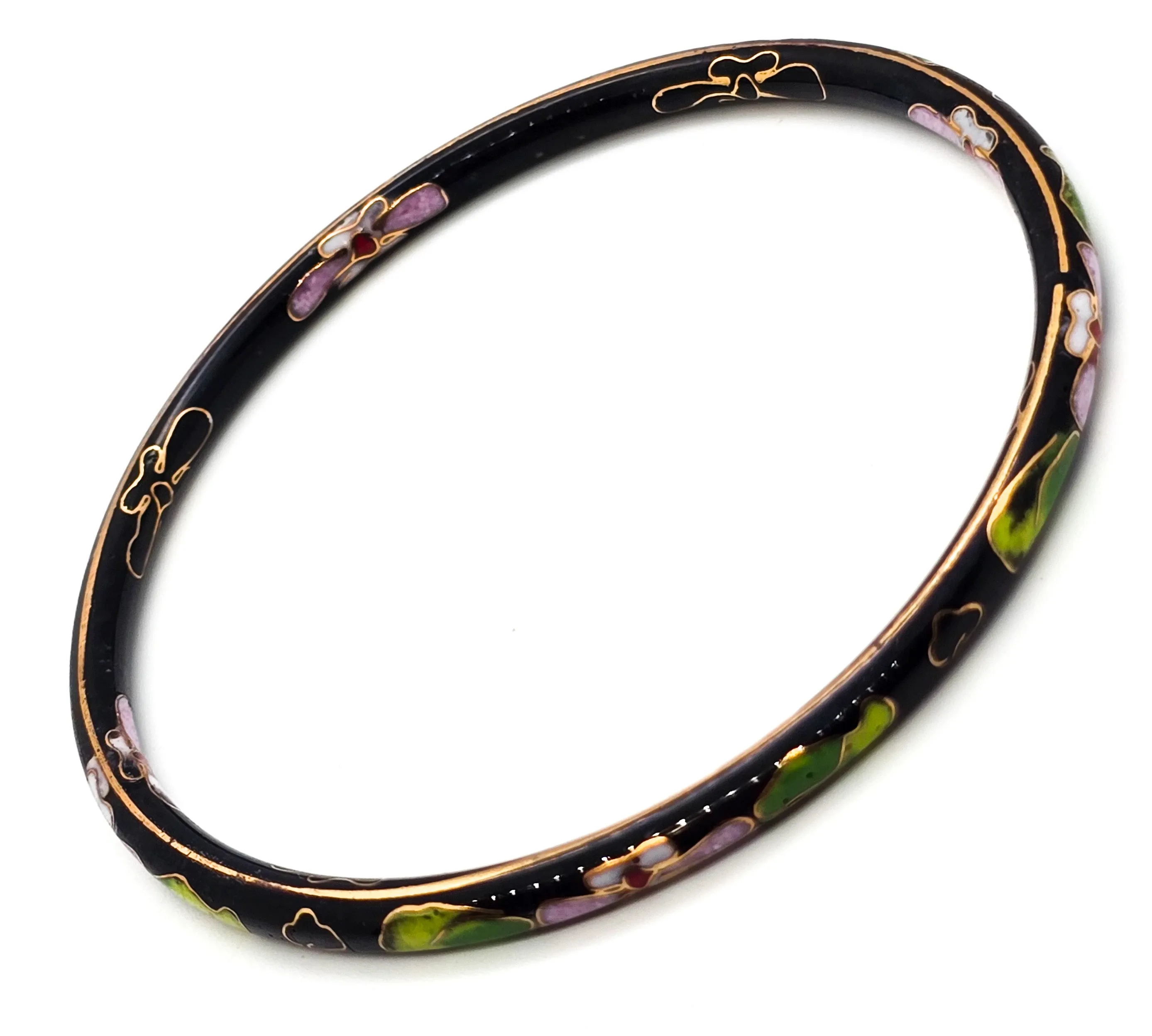 Black Cloisonne enamel pink and green flower vintage thin stacking bangle bracelet