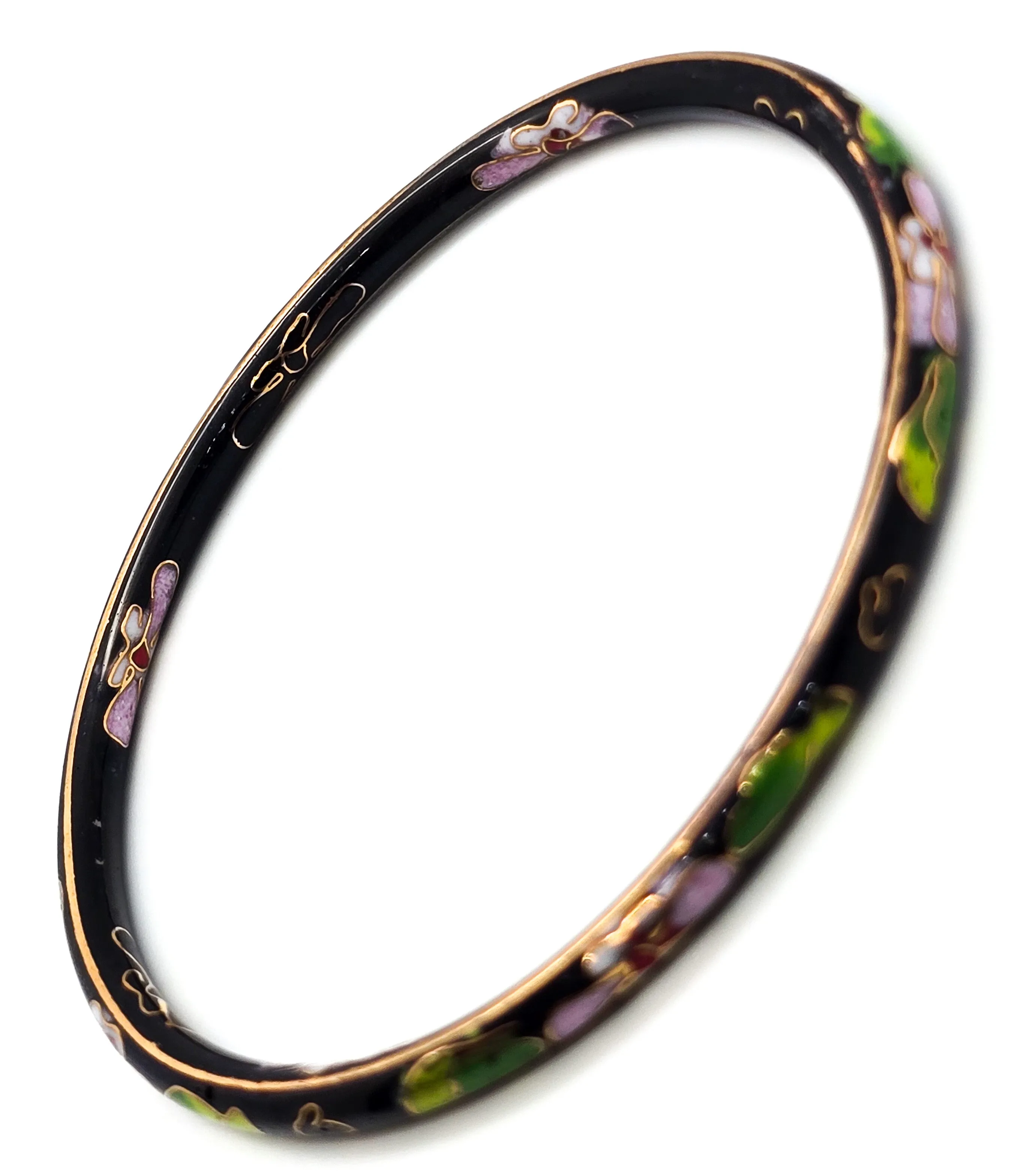 Black Cloisonne enamel pink and green flower vintage thin stacking bangle bracelet