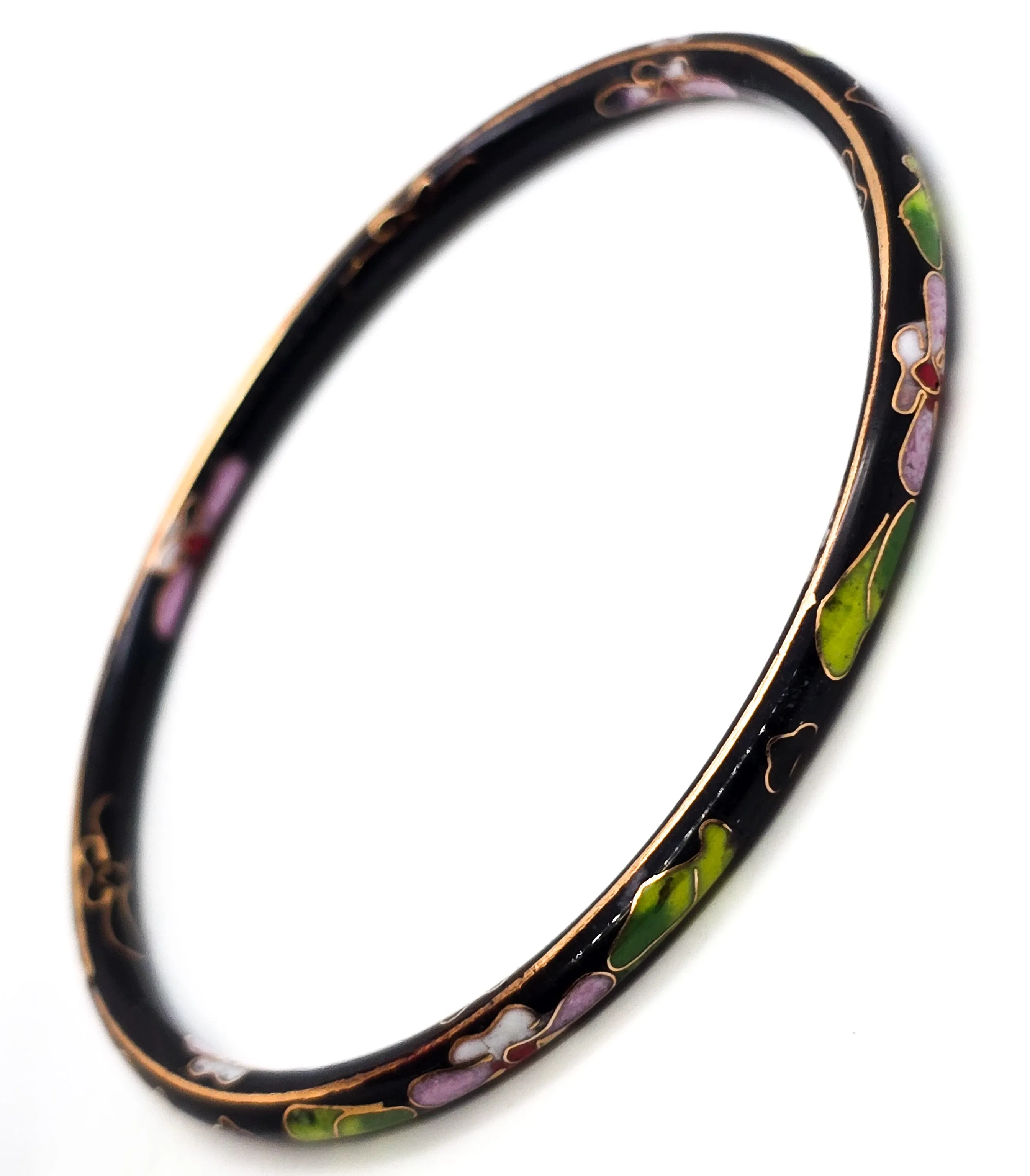 Black Cloisonne enamel pink and green flower vintage thin stacking bangle bracelet