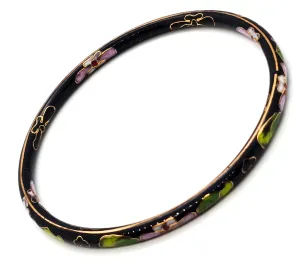 Black Cloisonne enamel pink and green flower vintage thin stacking bangle bracelet