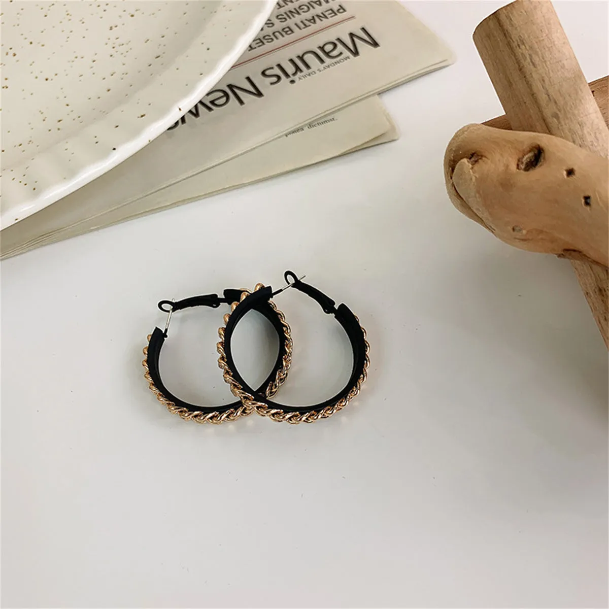 Black Enamel & 18K Gold-Plated Chain Hoop Earrings