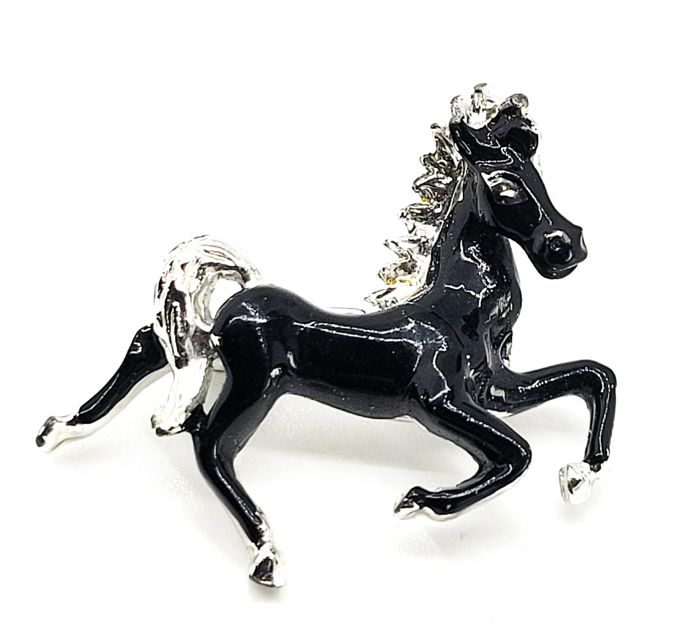 Black Horse vintage Equestrian enamel painted black and silver brooch pin