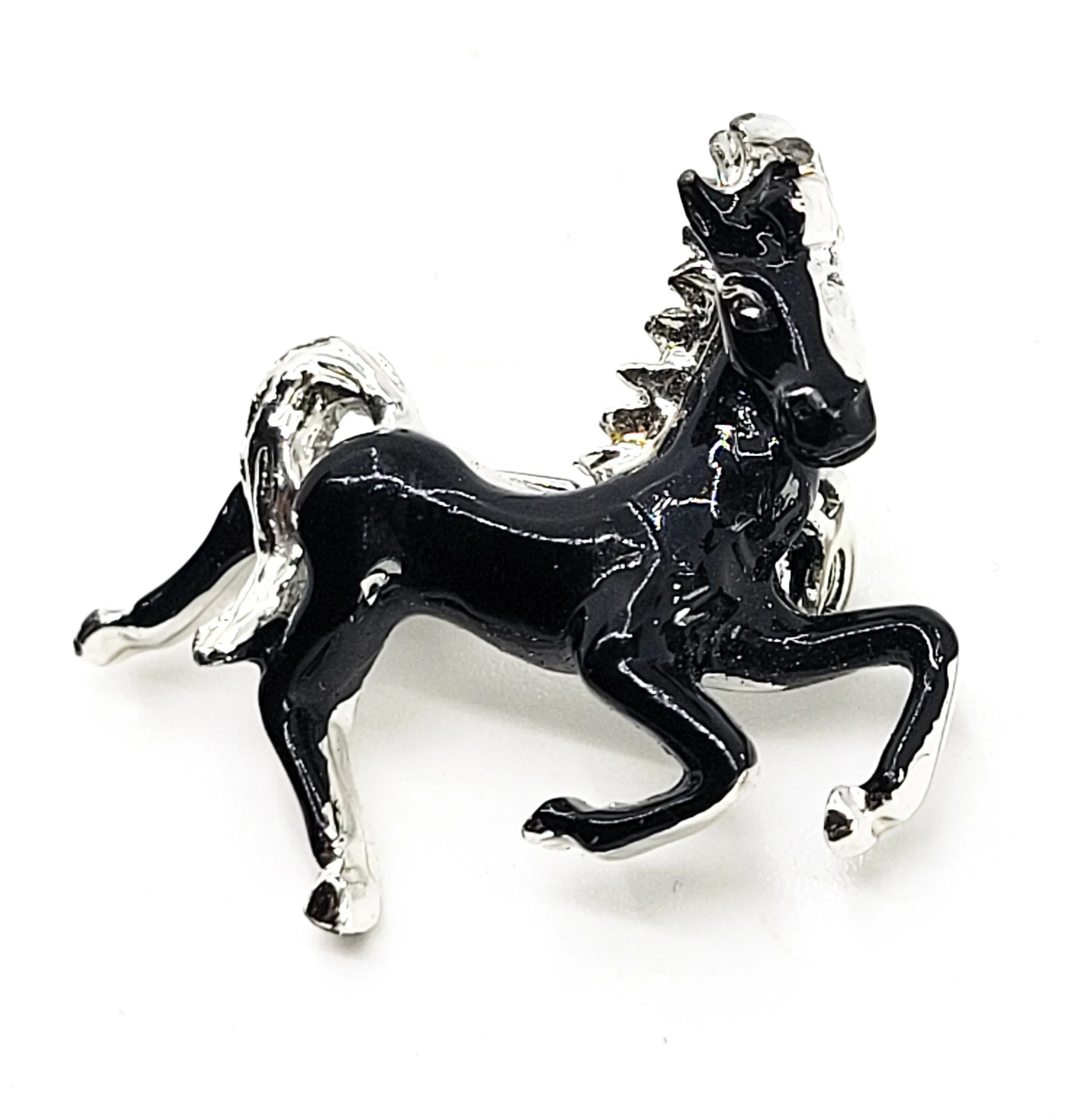 Black Horse vintage Equestrian enamel painted black and silver brooch pin