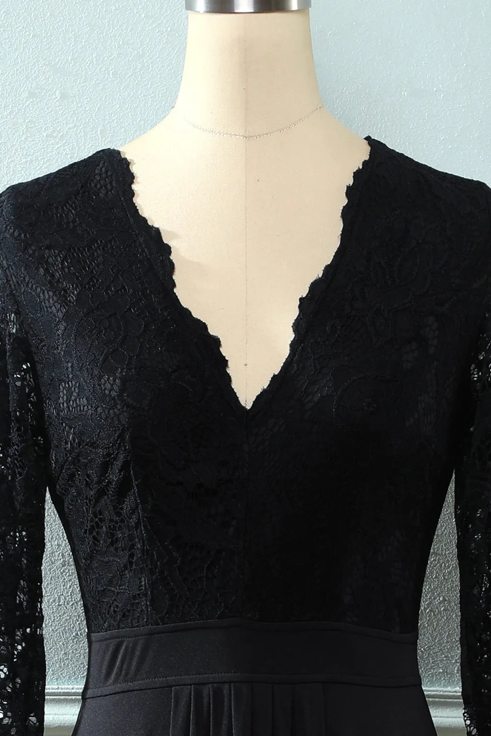 Black Lace Long Sleeves V Neck Hi-Low Mother of the Bride Dress