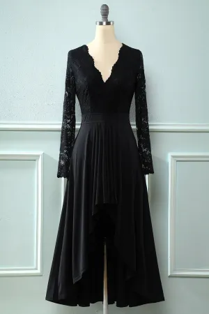 Black Lace Long Sleeves V Neck Hi-Low Mother of the Bride Dress