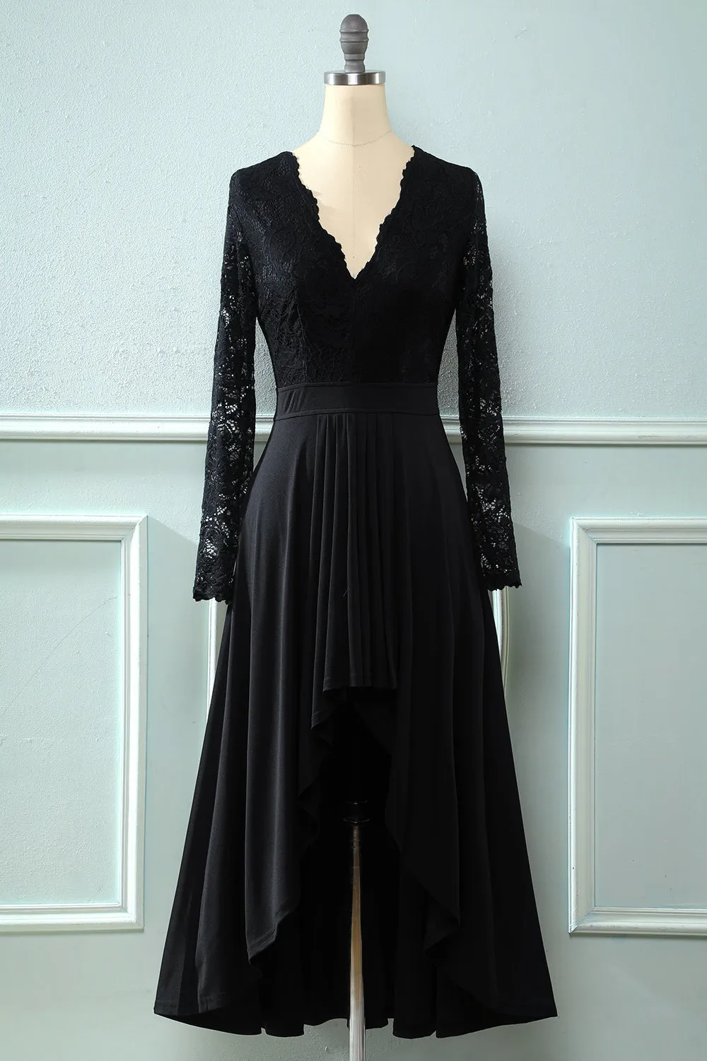 Black Lace Long Sleeves V Neck Hi-Low Mother of the Bride Dress