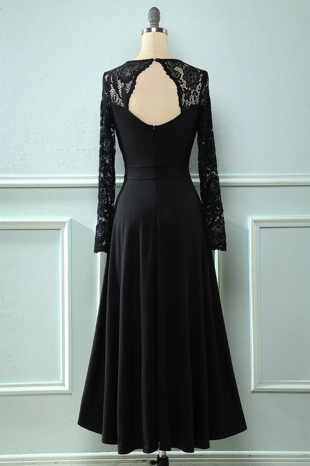 Black Lace Long Sleeves V Neck Hi-Low Mother of the Bride Dress