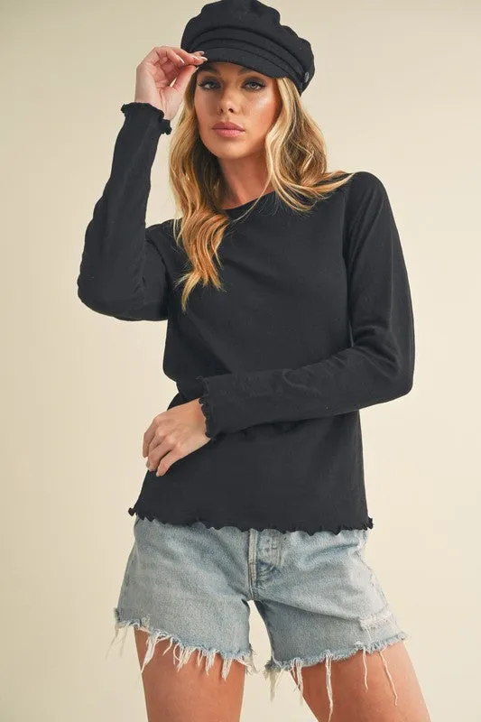 Black Lettuce Hemline Round Neck Raglan Sleeve T-Shirt