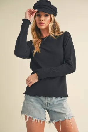 Black Lettuce Hemline Round Neck Raglan Sleeve T-Shirt