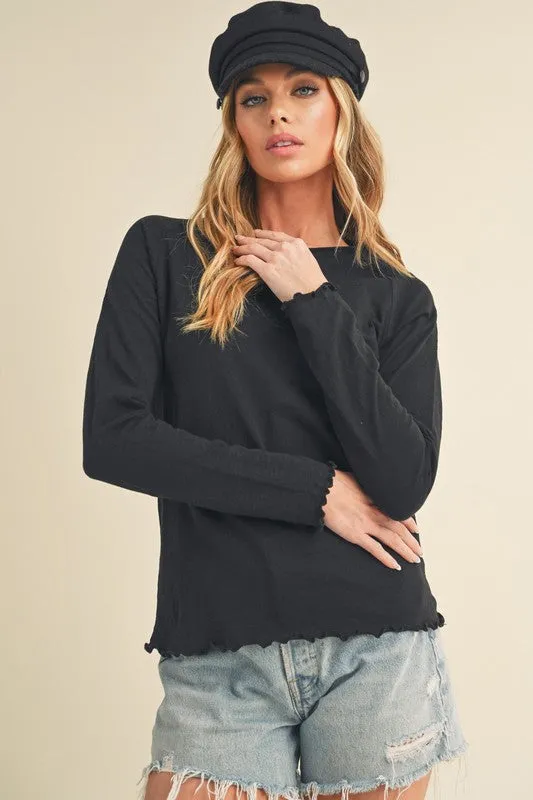 Black Lettuce Hemline Round Neck Raglan Sleeve T-Shirt