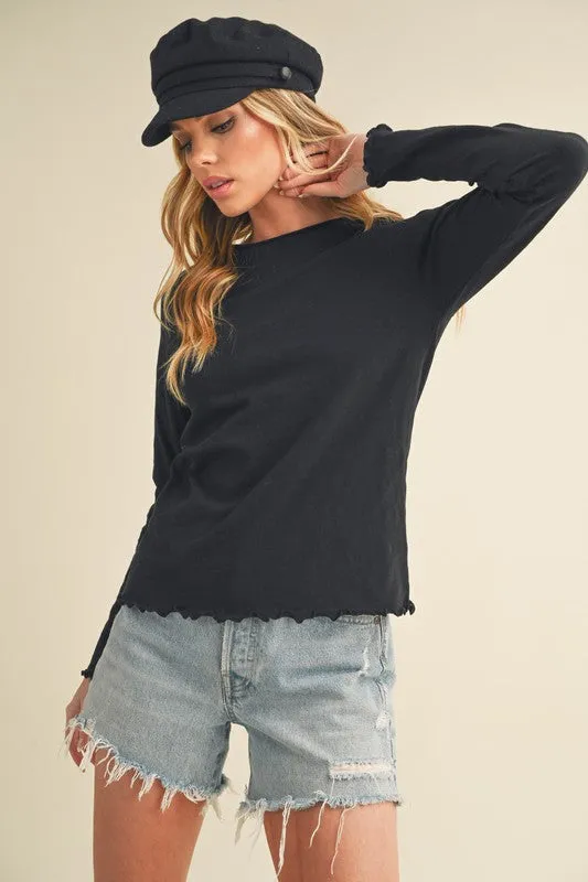 Black Lettuce Hemline Round Neck Raglan Sleeve T-Shirt