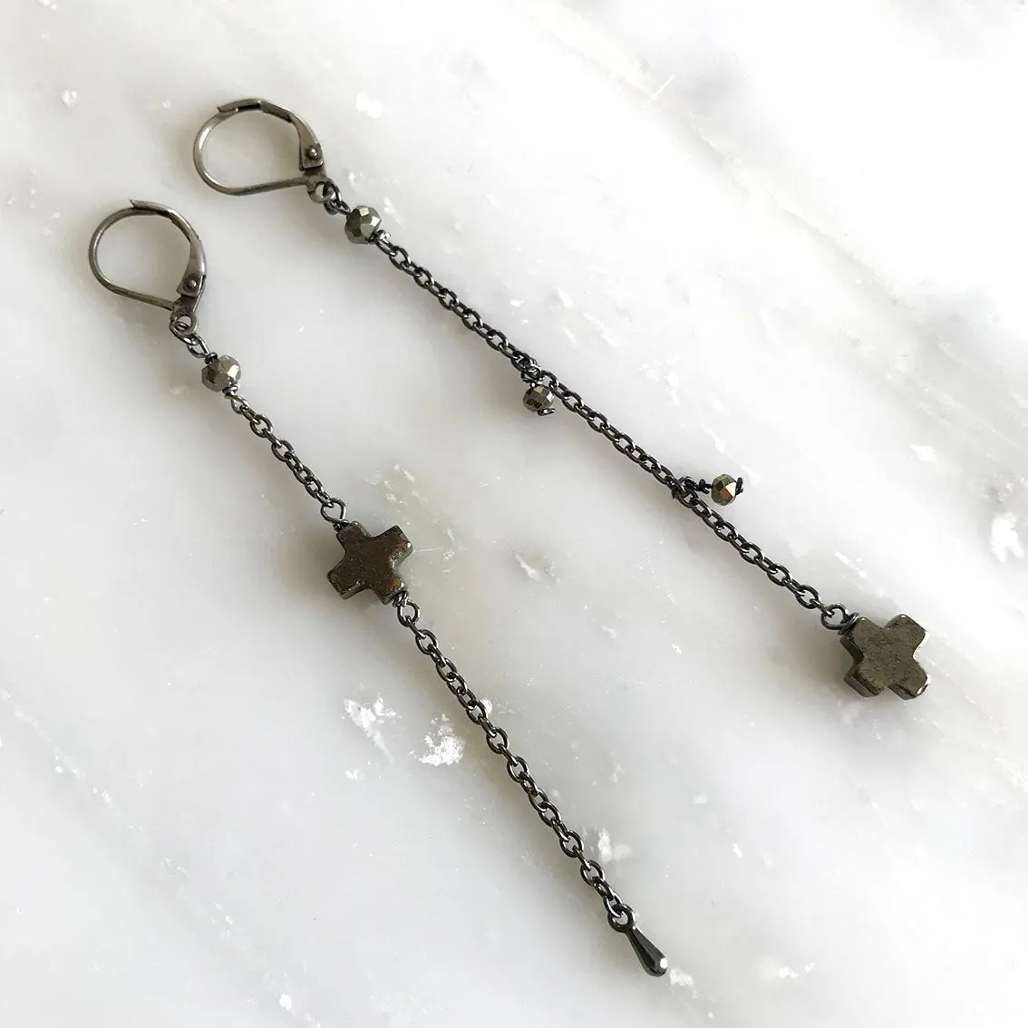 Black Pyrite Stone Cross  Earrings
