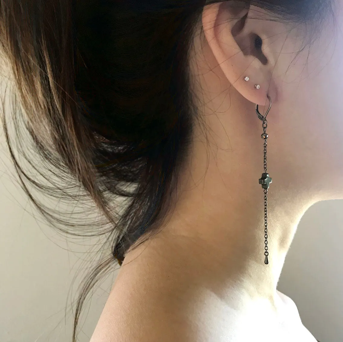 Black Pyrite Stone Cross  Earrings