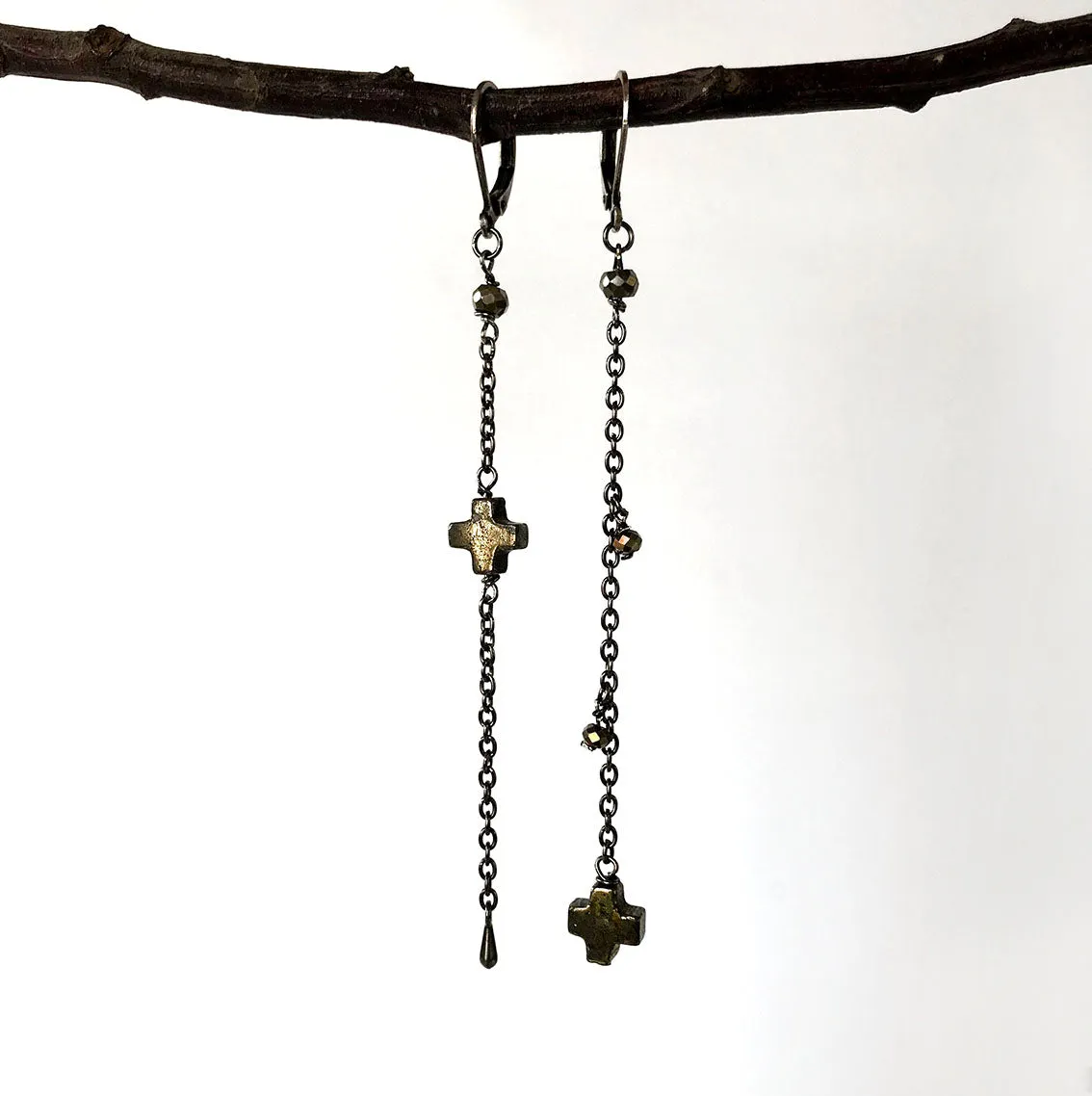 Black Pyrite Stone Cross  Earrings