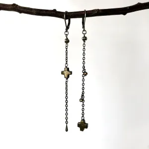 Black Pyrite Stone Cross  Earrings
