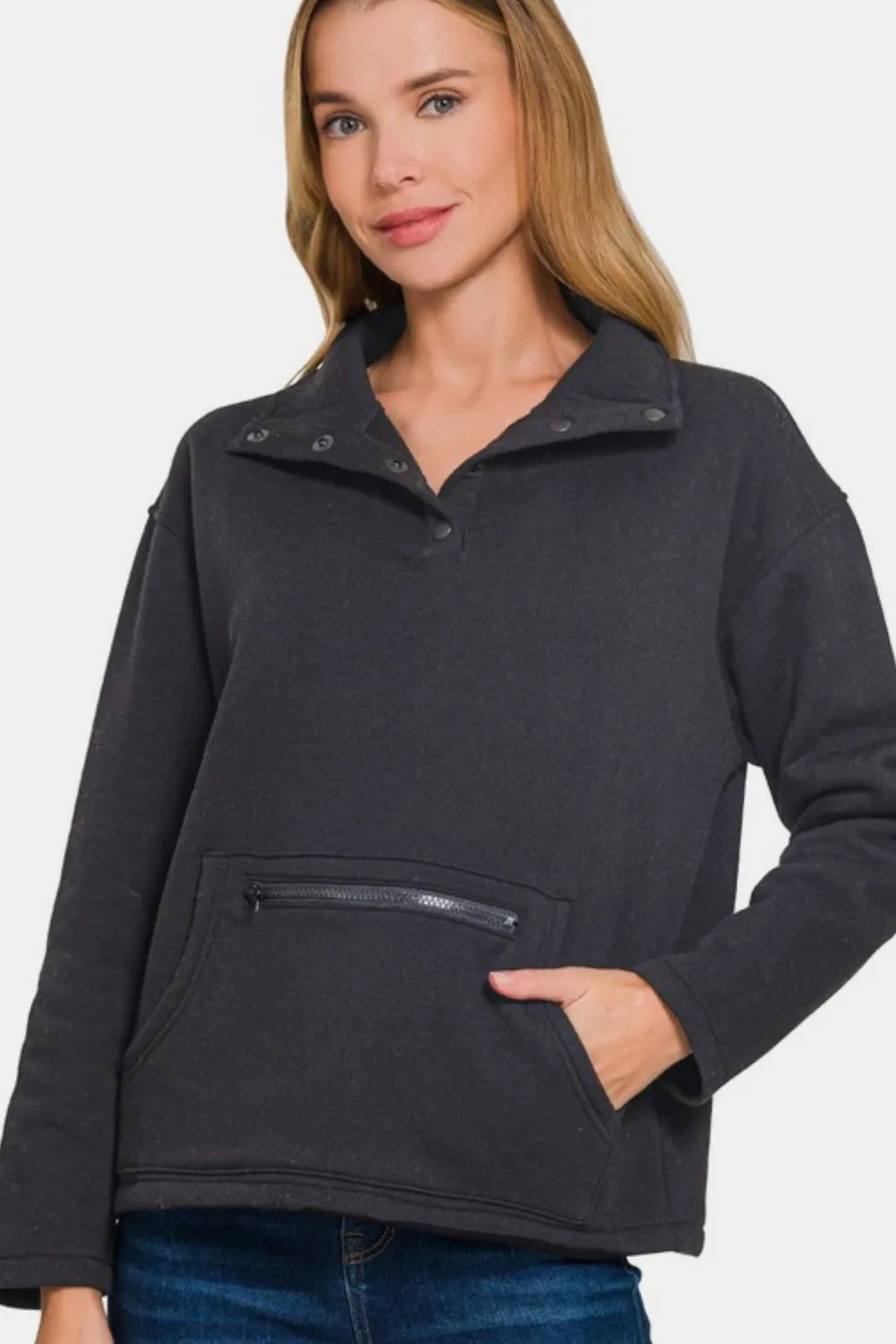 Black Turtleneck Half Snap Fleece Sweatshirt