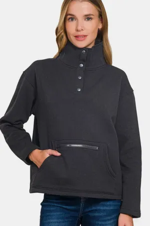 Black Turtleneck Half Snap Fleece Sweatshirt