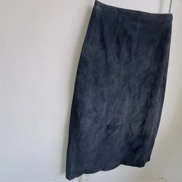 Black Vintage Suede Maxi Skirt Y2K Dialogue Western Prairie Longline Elastic 10