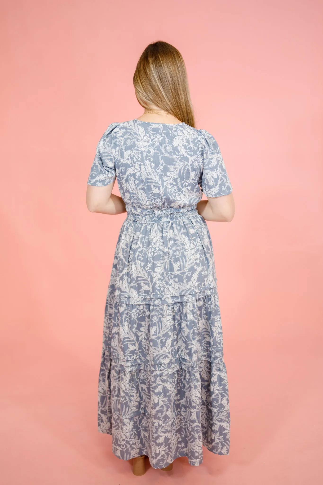 Blue Grey Floral Tiered Maxi Dress