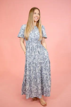 Blue Grey Floral Tiered Maxi Dress