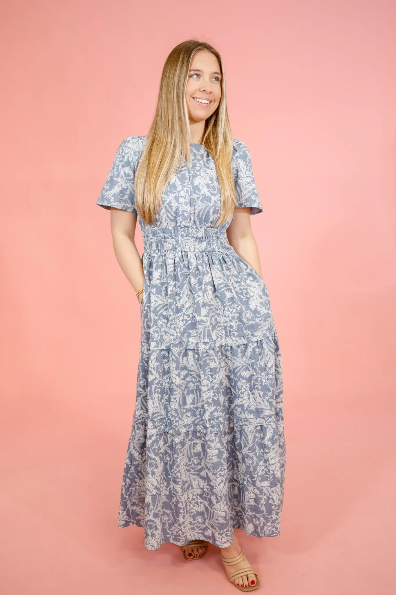 Blue Grey Floral Tiered Maxi Dress