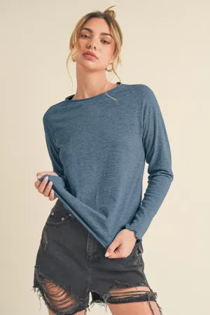 Blue Lettuce Hemline Round Neck Raglan Sleeve T-Shirt