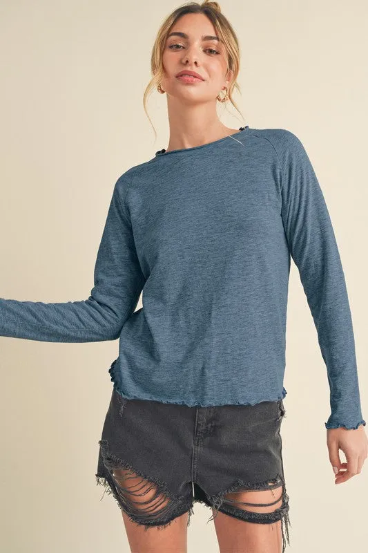 Blue Lettuce Hemline Round Neck Raglan Sleeve T-Shirt