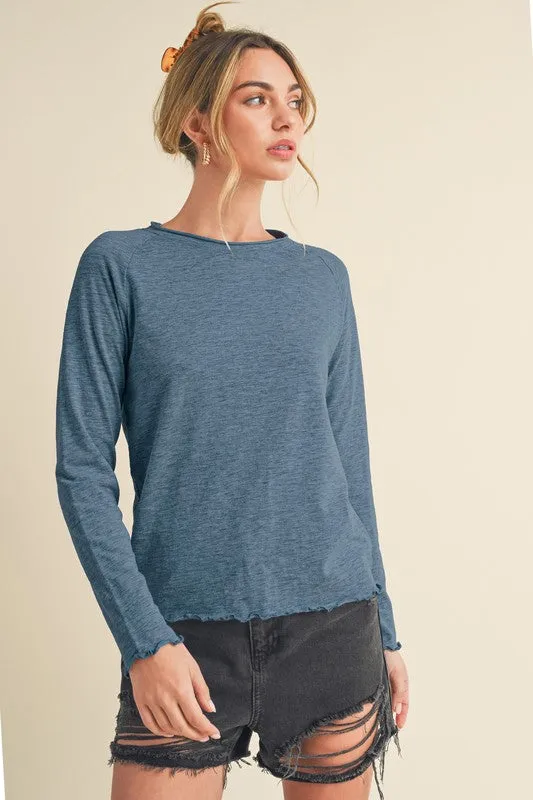 Blue Lettuce Hemline Round Neck Raglan Sleeve T-Shirt