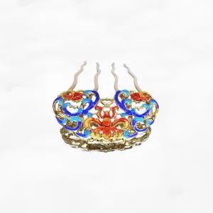 Blue Orange Enamel Peony Hair Comb