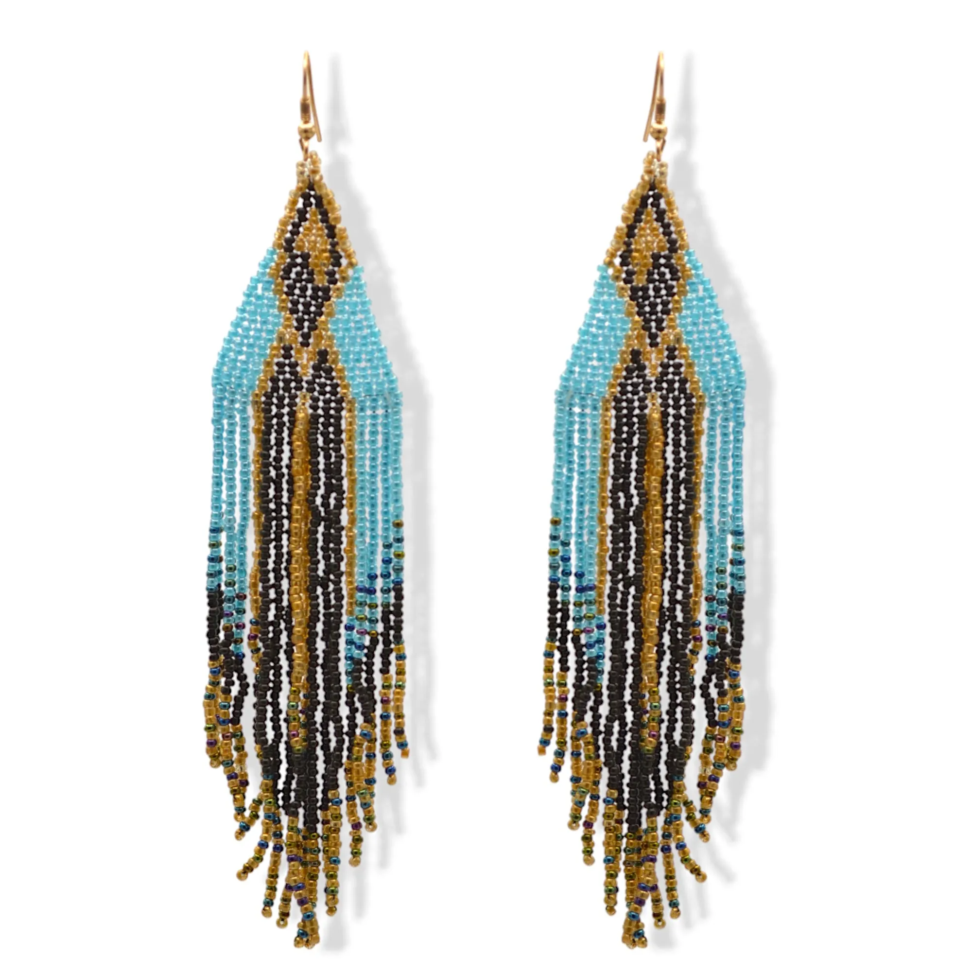 Blue,Black, And Gold Bohemian Seed Bead Long Tassel Earrings #SH-ER-1197