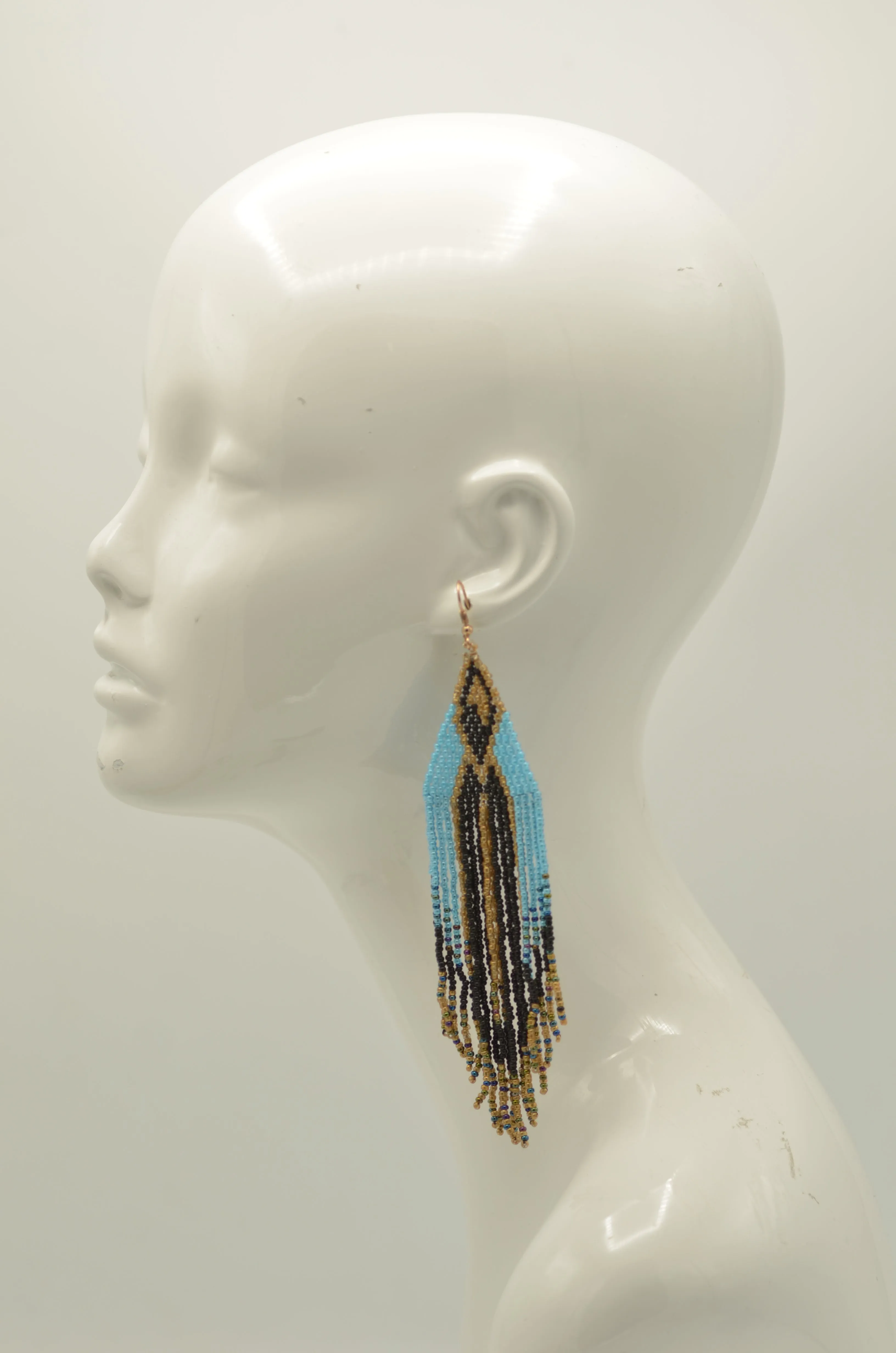 Blue,Black, And Gold Bohemian Seed Bead Long Tassel Earrings #SH-ER-1197