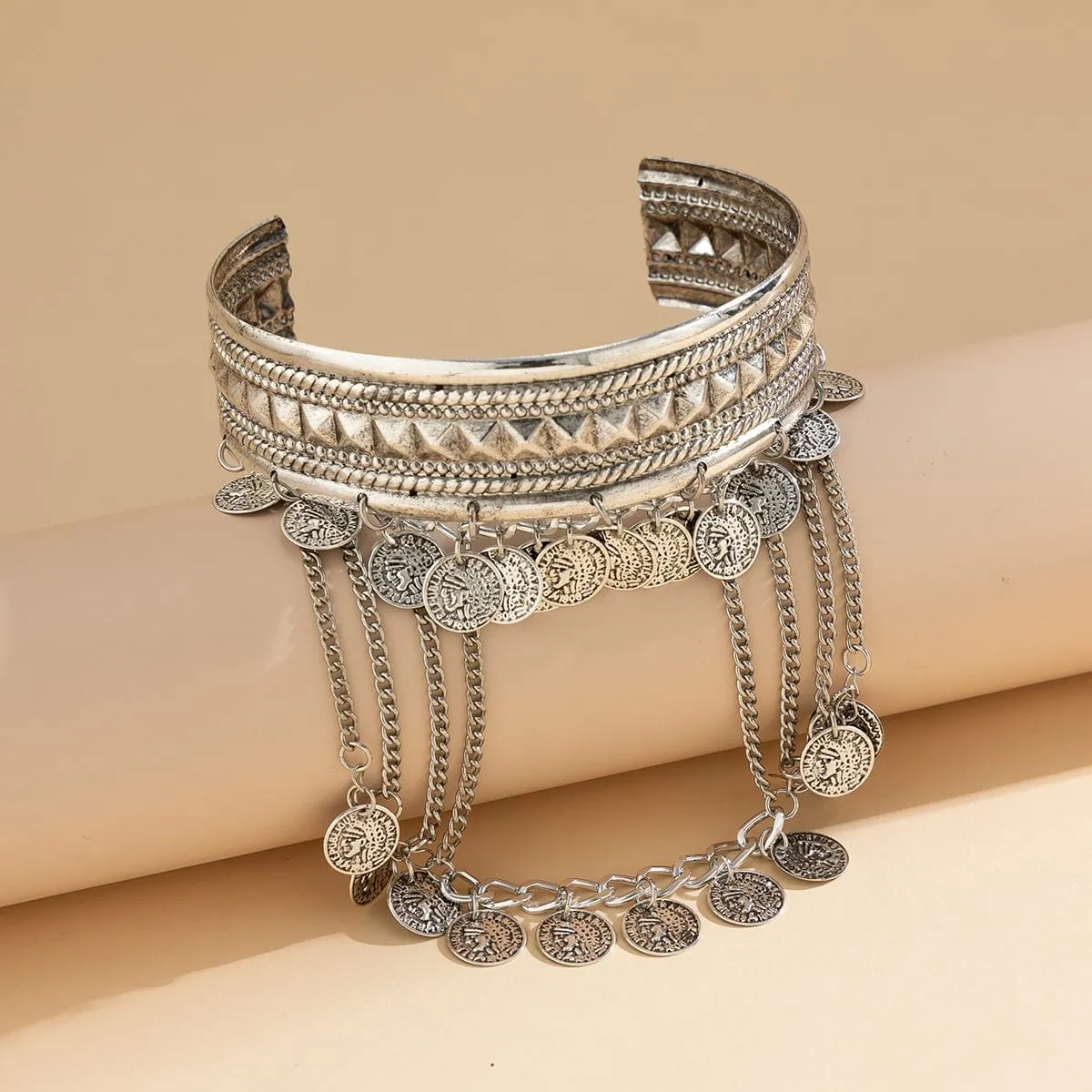 Boho Chunky Layered Coin Tassel Embossed Pattern Arm Cuff