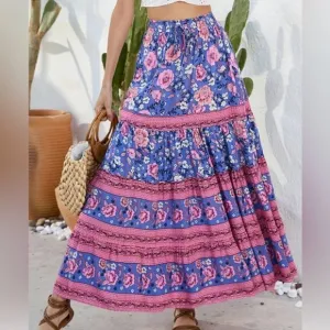 Boho Floral Print Drawstring Waist Skirt