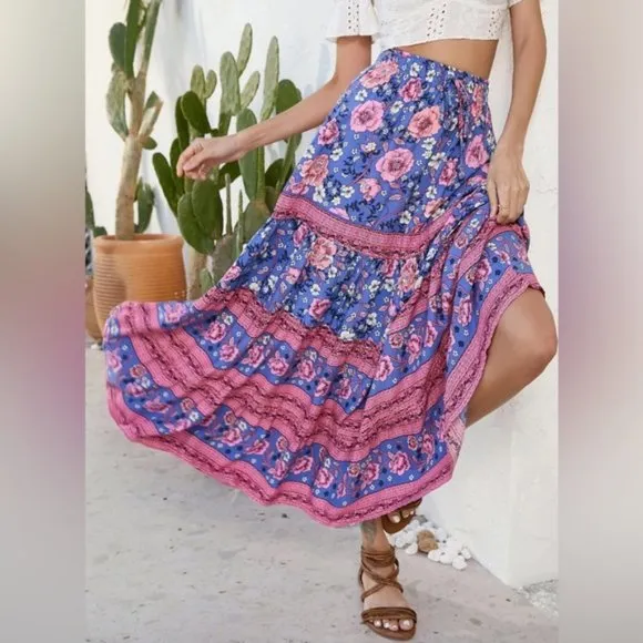 Boho Floral Print Drawstring Waist Skirt