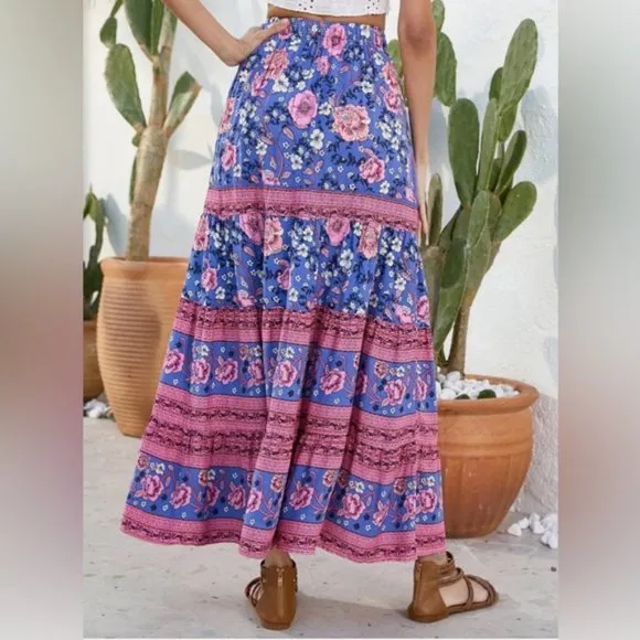 Boho Floral Print Drawstring Waist Skirt