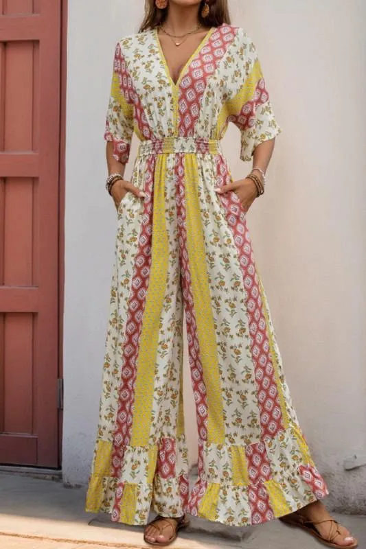 Boho-Style Floral Print High-Waisted Belted Wide-Legged Jumpsuit