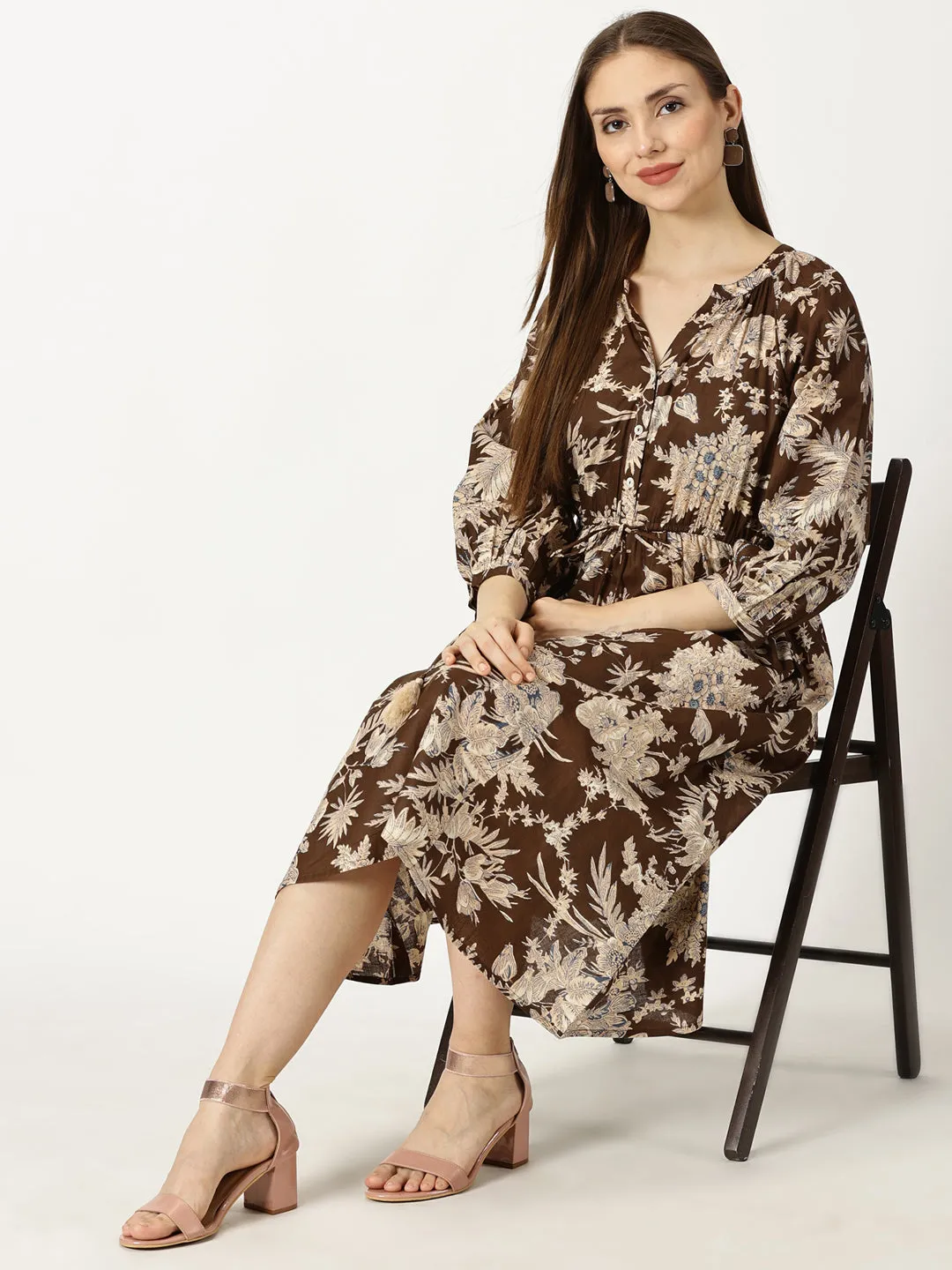 Brown Tropical Print Cotton Dress with Waist Tie-up