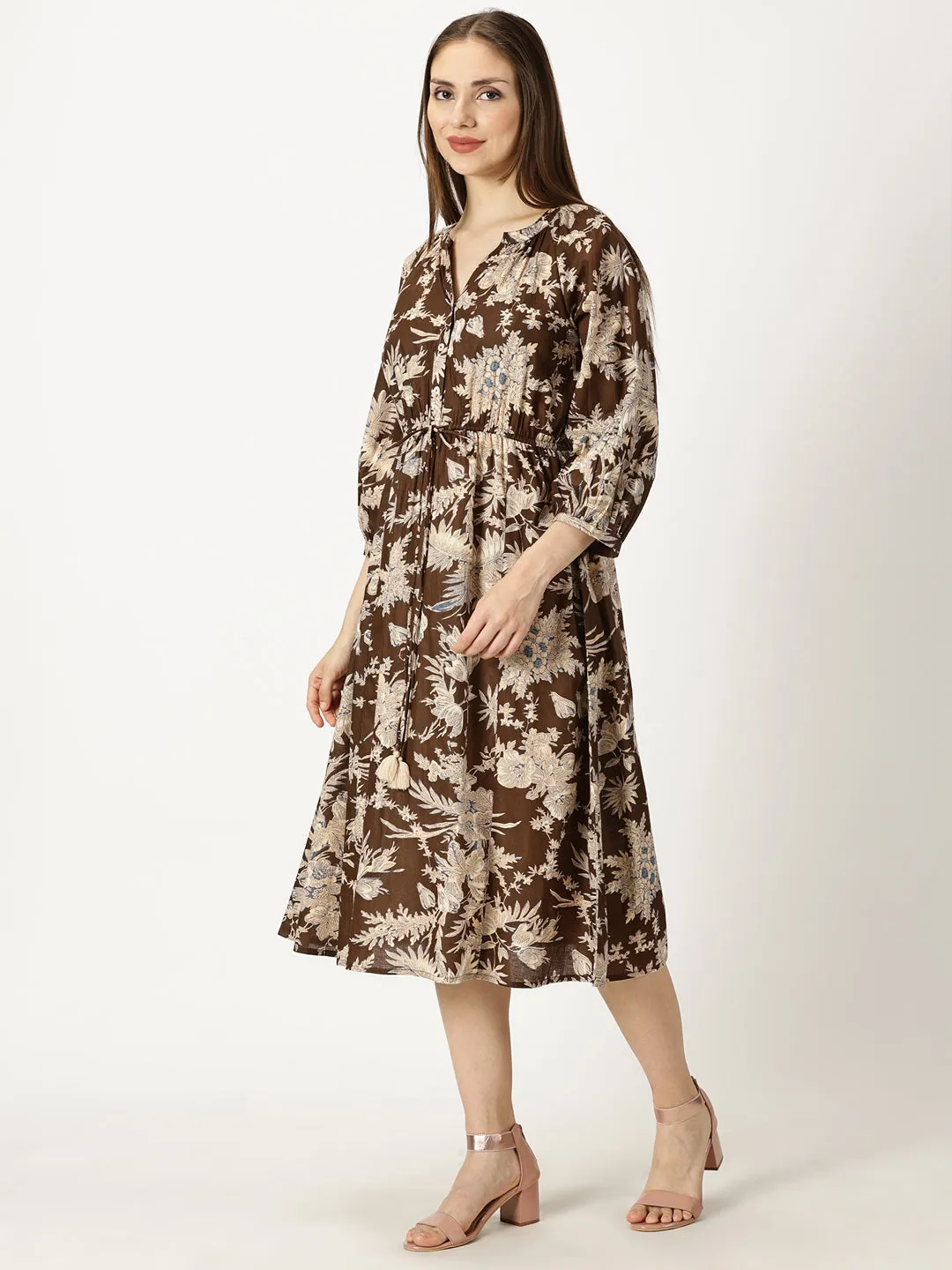 Brown Tropical Print Cotton Dress with Waist Tie-up