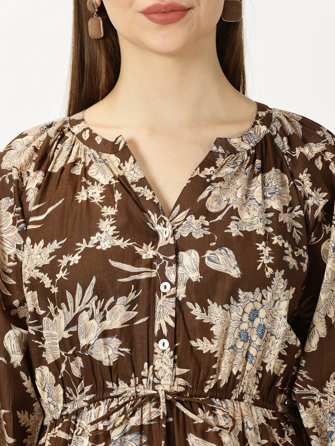 Brown Tropical Print Cotton Dress with Waist Tie-up