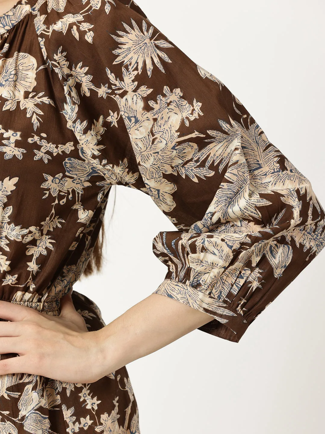 Brown Tropical Print Cotton Dress with Waist Tie-up