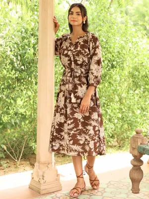 Brown Tropical Print Cotton Dress with Waist Tie-up