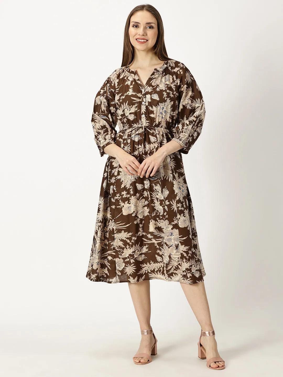 Brown Tropical Print Cotton Dress with Waist Tie-up