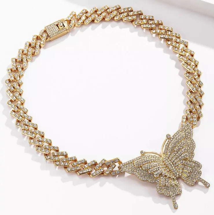Butterfly Necklace | Butterfly Pendant | Womens Iced Out Chain | Womens Cuban Chain | Diamond Butterfly Necklace | Womens Diamond Necklace