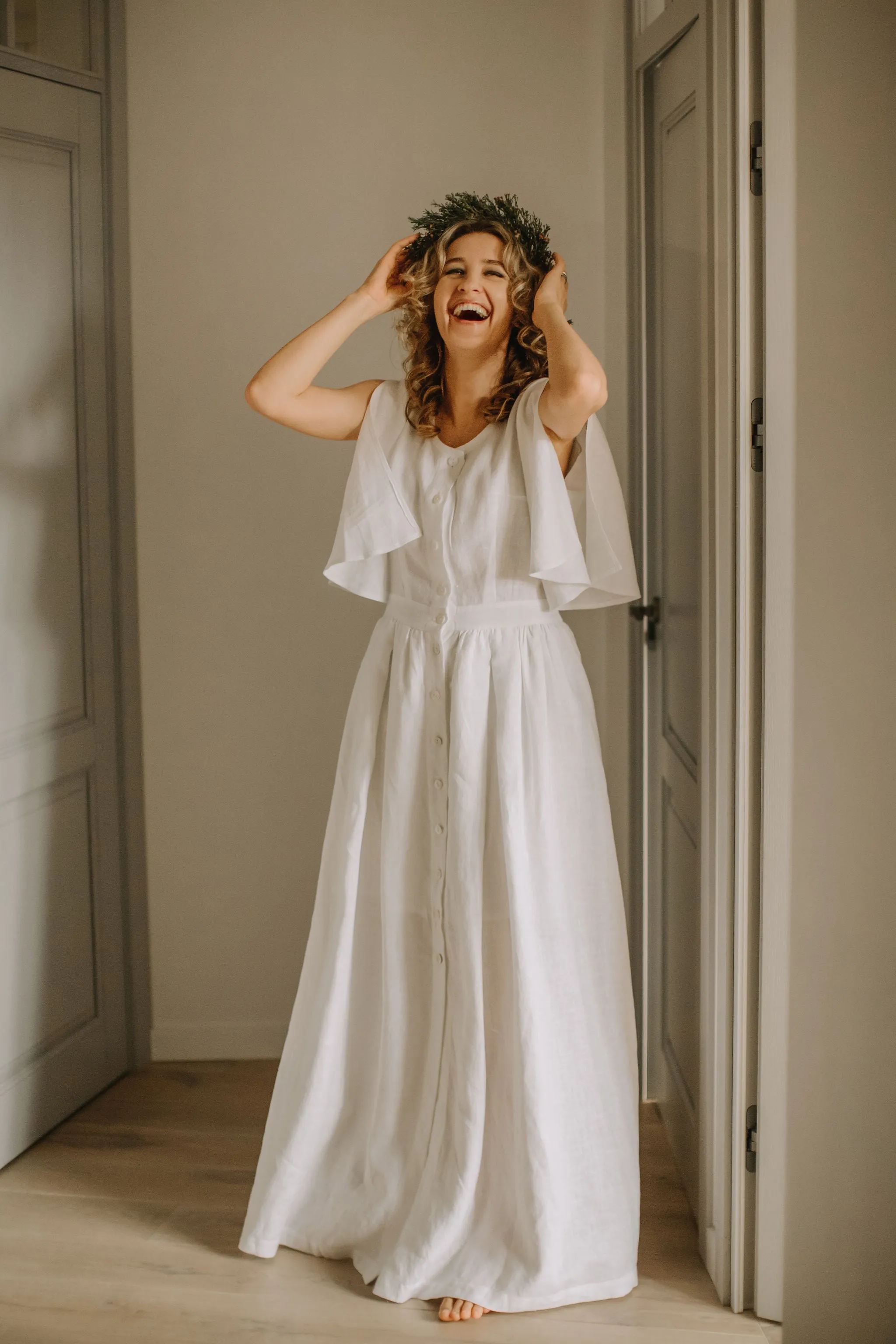 Butterfly Sleeves Linen Bohemian Wedding Dress