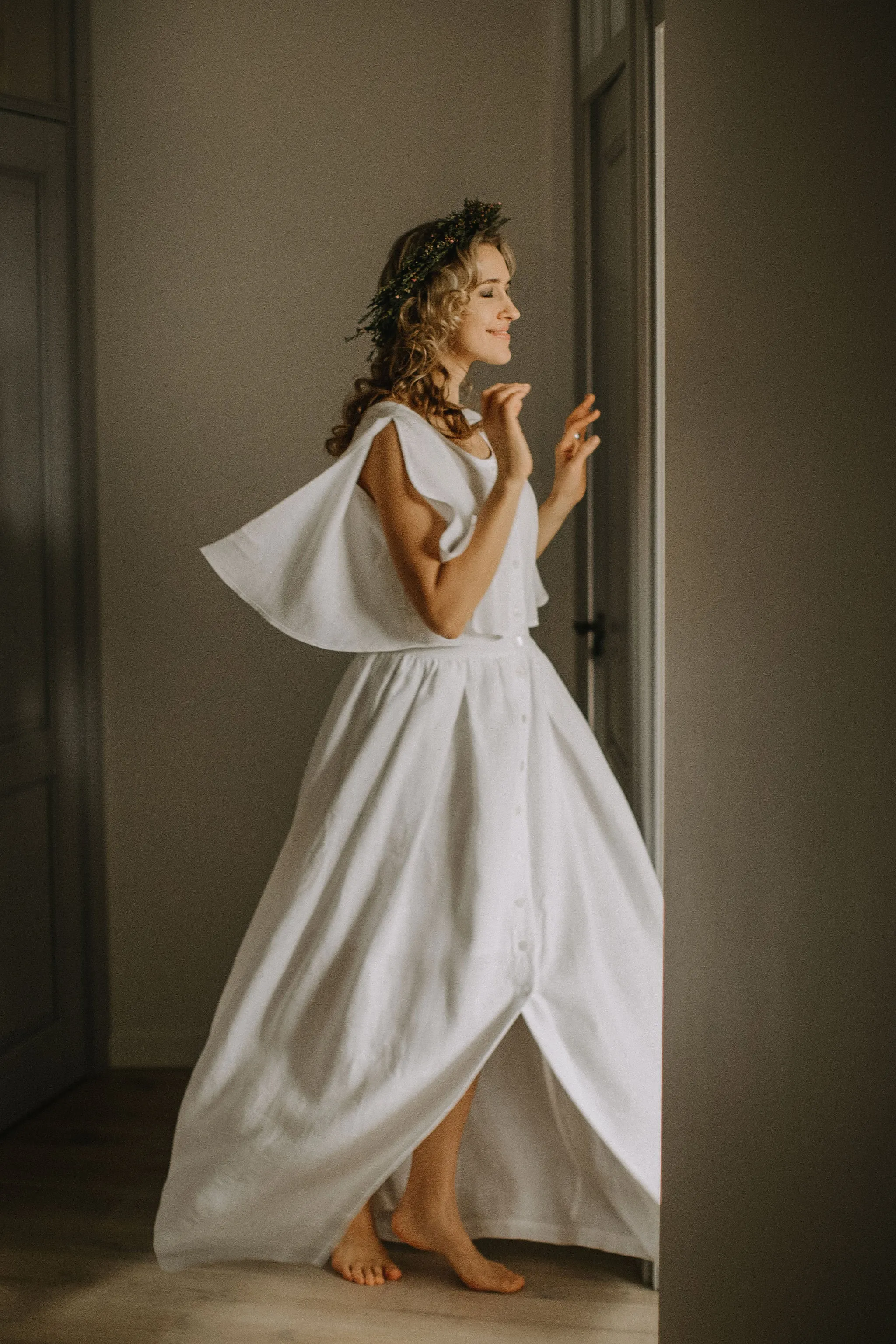 Butterfly Sleeves Linen Bohemian Wedding Dress