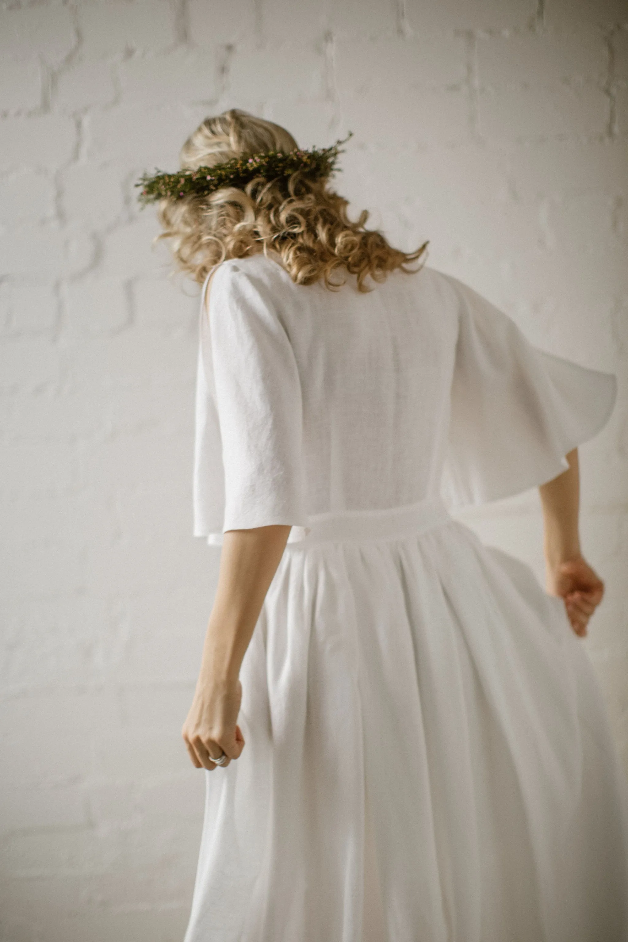 Butterfly Sleeves Linen Bohemian Wedding Dress