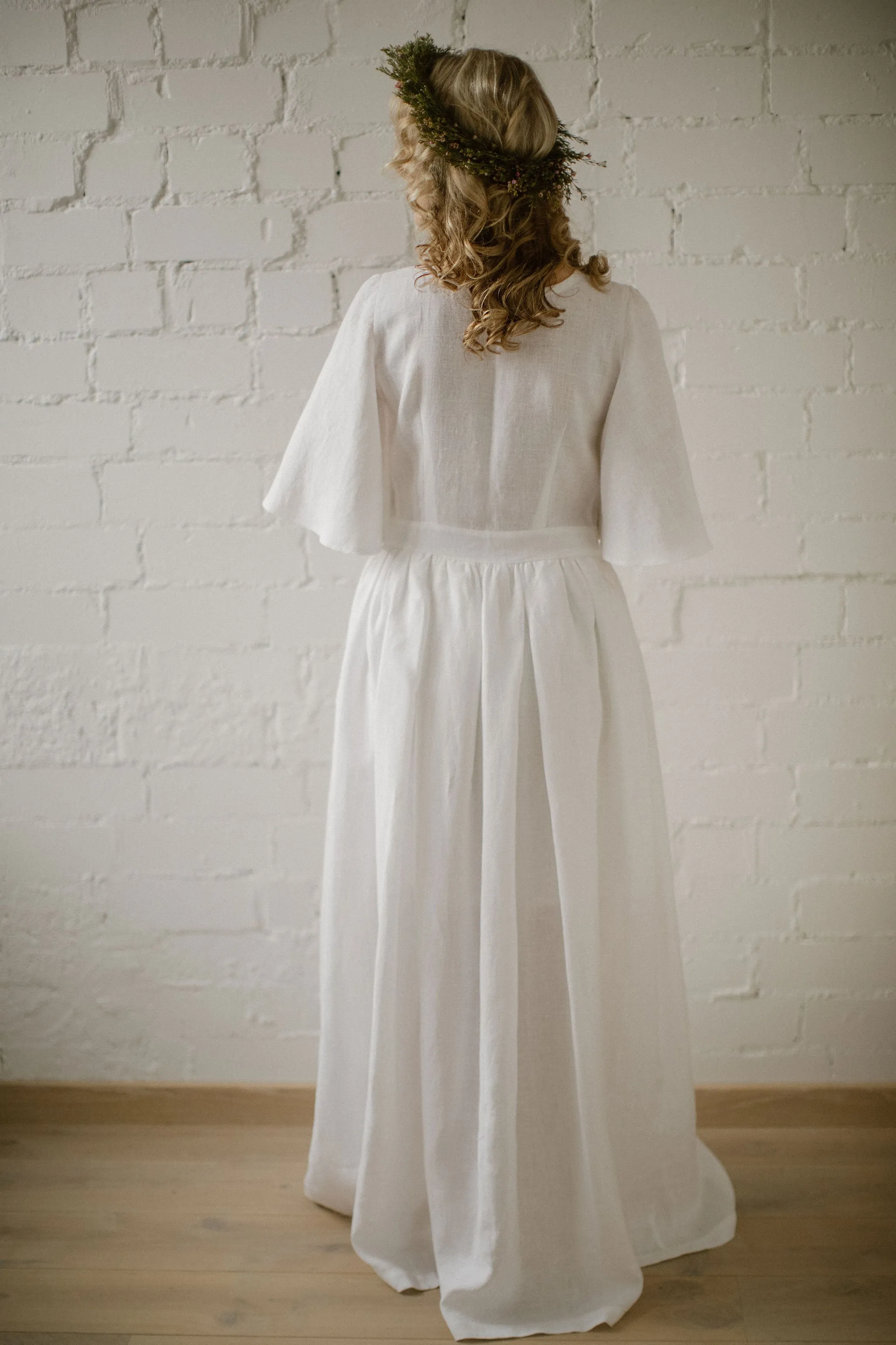Butterfly Sleeves Linen Bohemian Wedding Dress