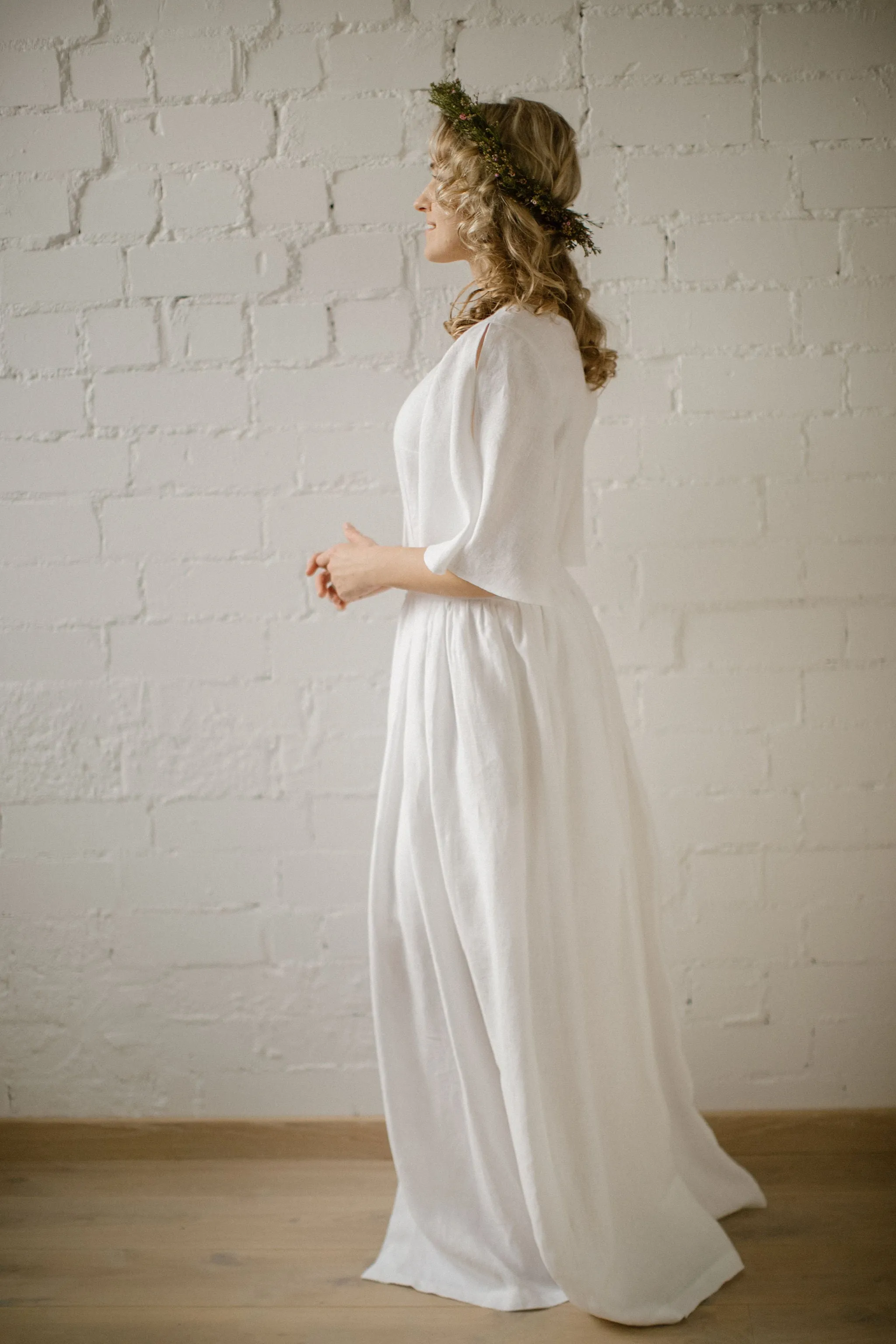 Butterfly Sleeves Linen Bohemian Wedding Dress