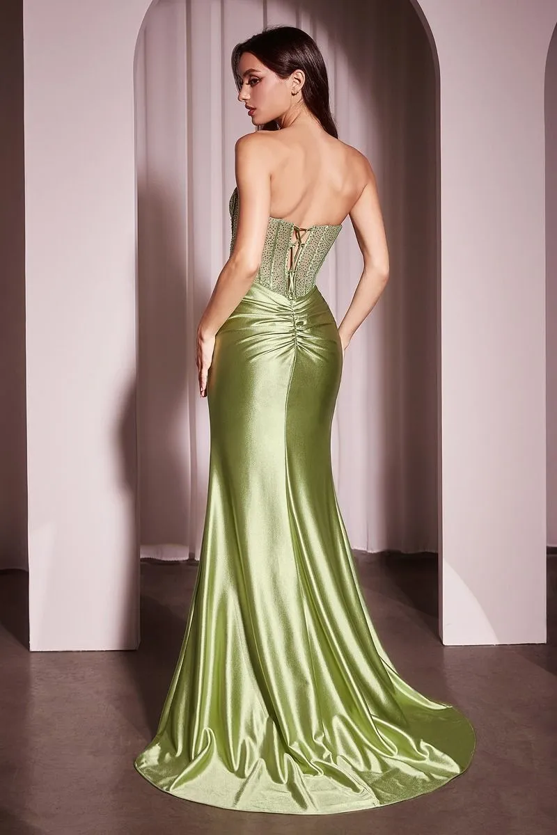 CD CD2408 - Strapless Satin Fit & Flare Prom Gown with Sheer Rhinestone Bodice Gathered Waist Leg Slit & Open Lace Up Back